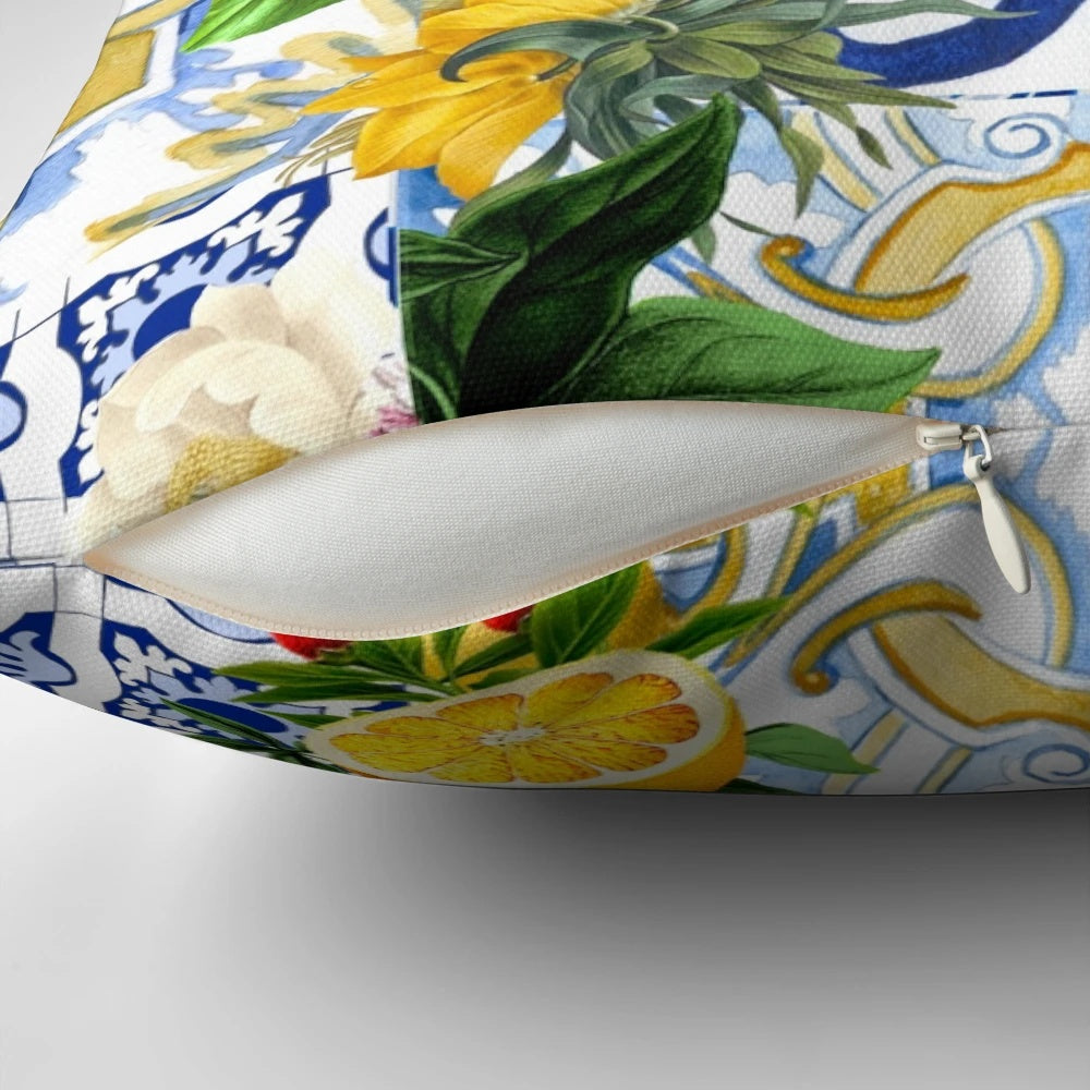 Colorful mosaic pillow featuring a vibrant Sicilian tiles pattern with lemons and citrus fruits