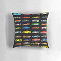 Colorful side cars pillow with a retro Hot Wheels inspired design