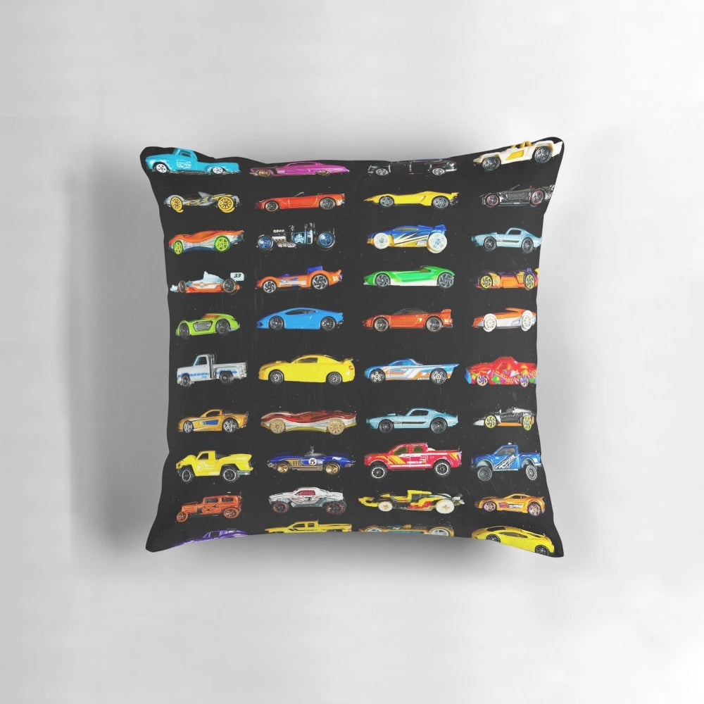 Colorful side cars pillow with a retro Hot Wheels inspired design