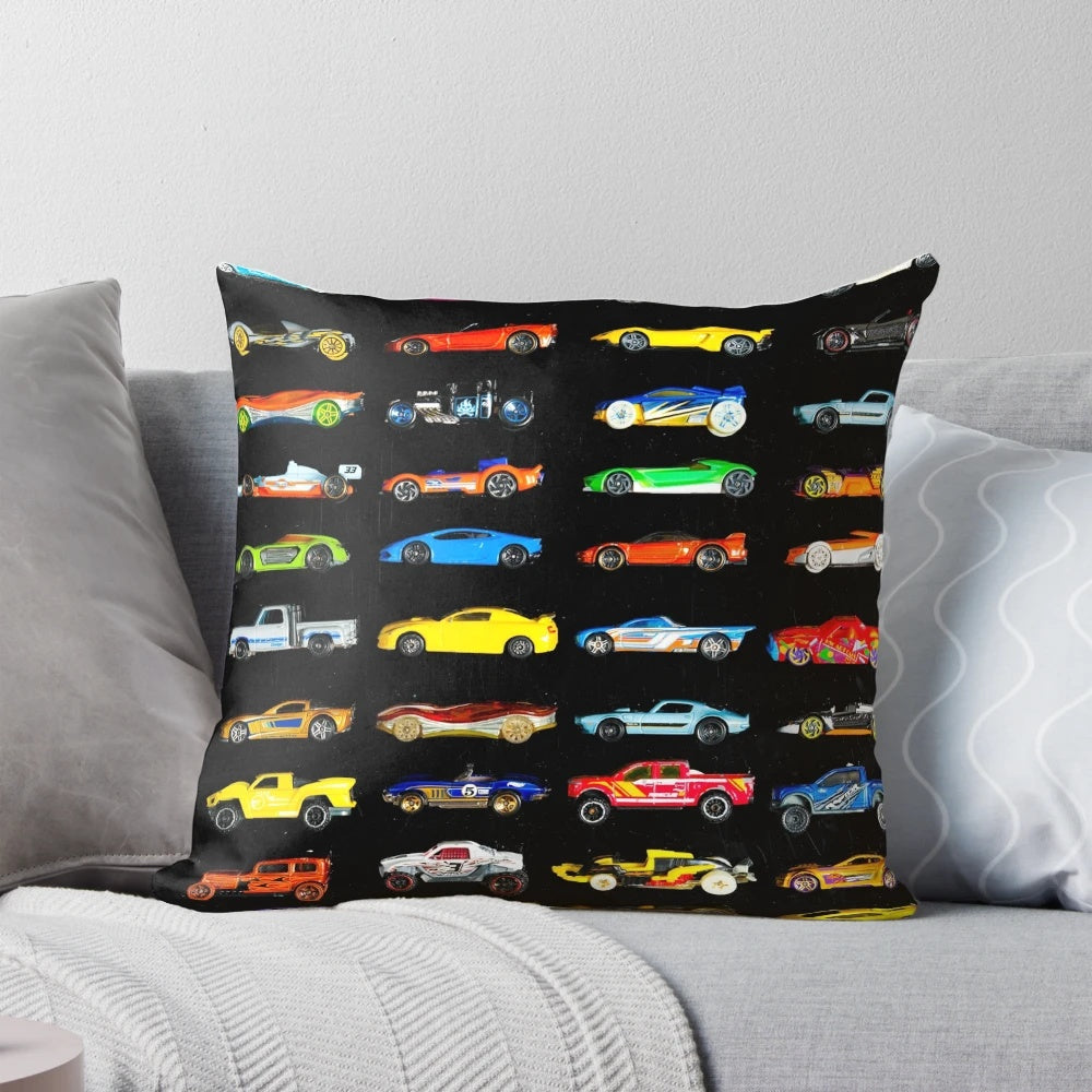Colorful side cars pillow with a retro Hot Wheels inspired design