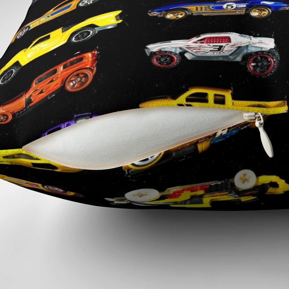 Colorful side cars pillow with a retro Hot Wheels inspired design