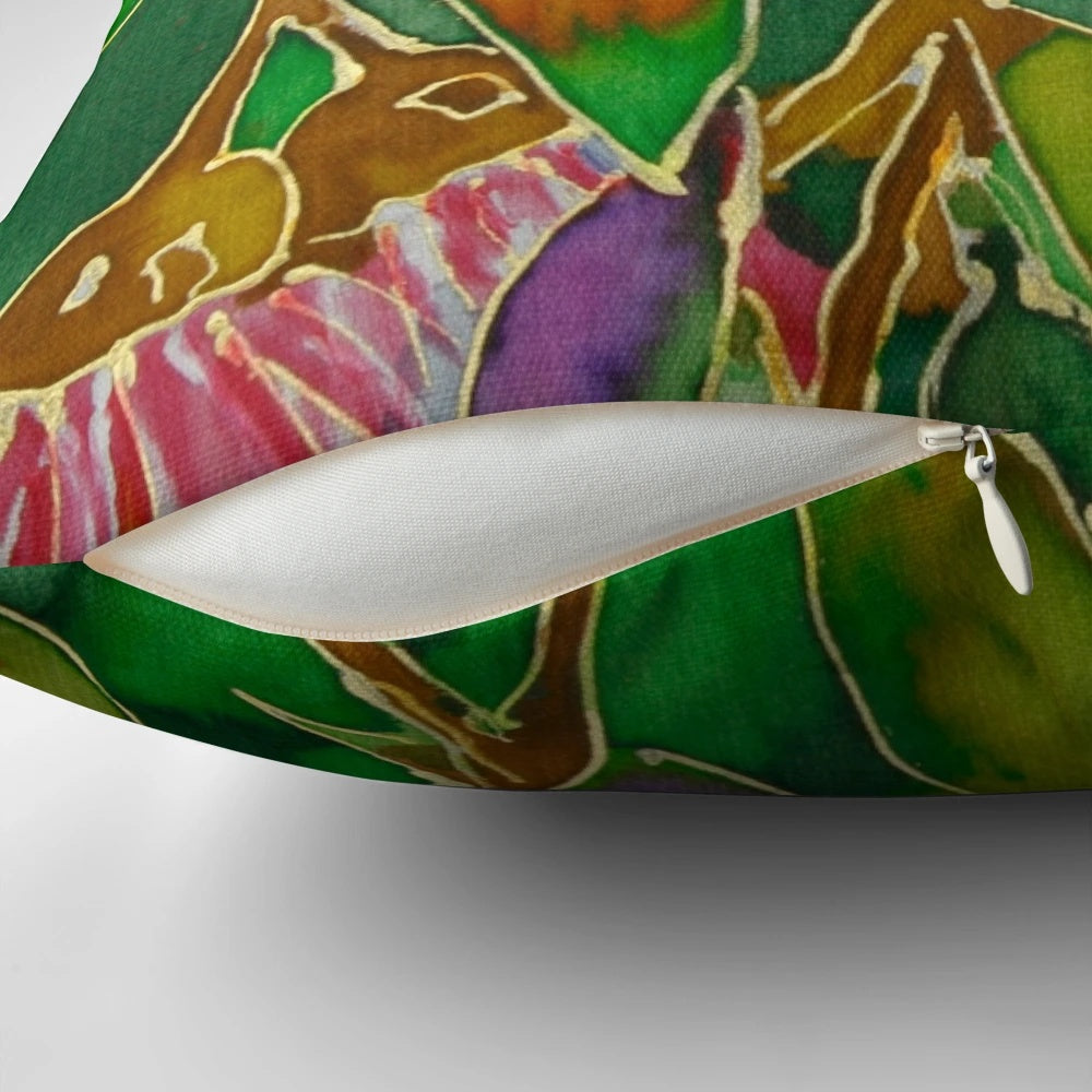 Vibrant silk painting of lush green leaves on a decorative pillow