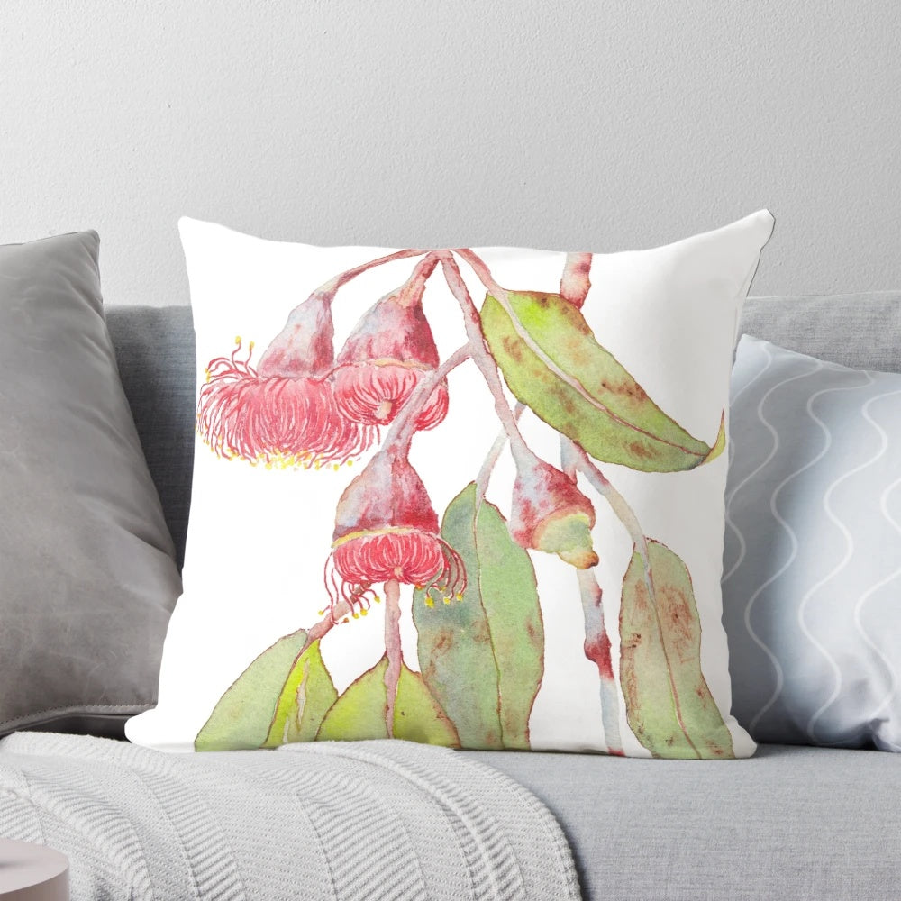 Watercolor painting of a flowering silver princess eucalyptus, an Australian native plant.