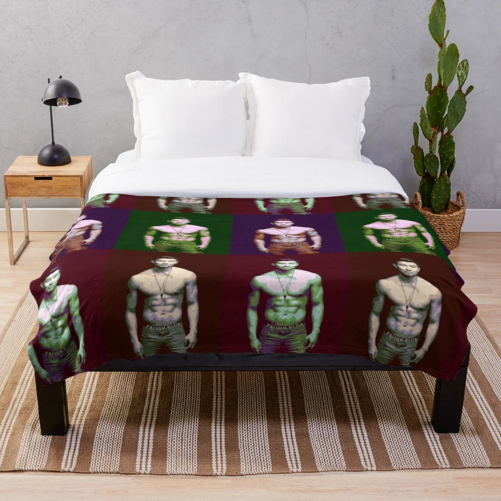Colorful pop art inspired plush blanket featuring Simu Liu