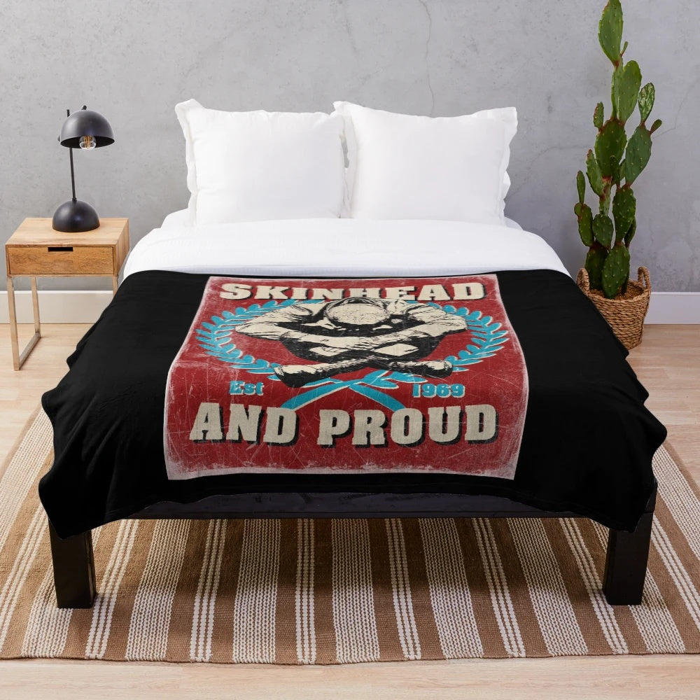 Colorful plush blanket featuring a skinhead-inspired pop art design