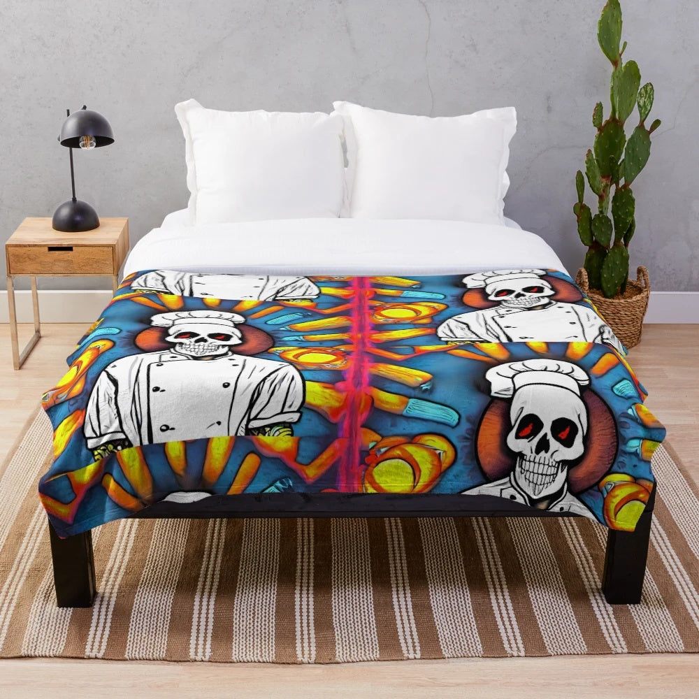 Colorful plush blanket featuring a skull chef design for kitchen decor