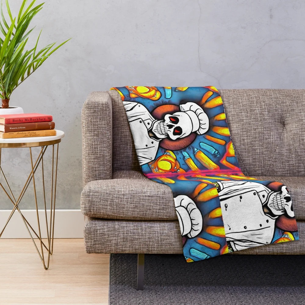 Colorful plush blanket featuring a skull chef design for kitchen decor
