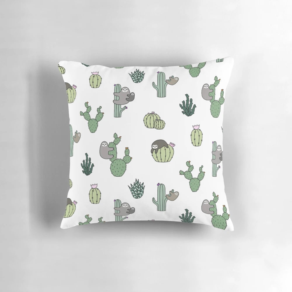 Decorative pillow with a playful sloth and cactus pattern