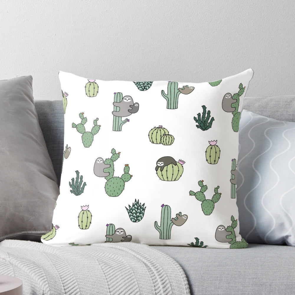 Decorative pillow with a playful sloth and cactus pattern