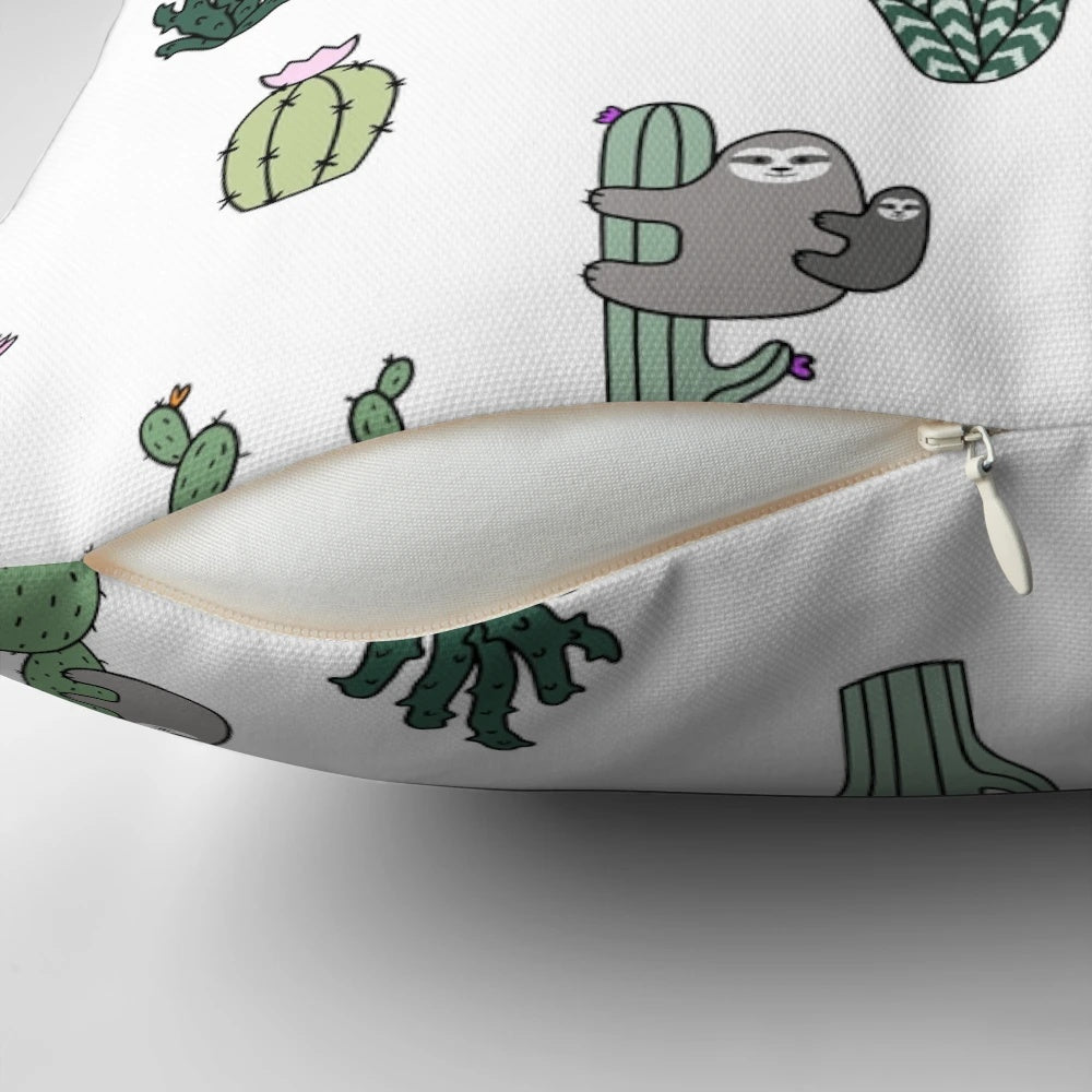 Decorative pillow with a playful sloth and cactus pattern