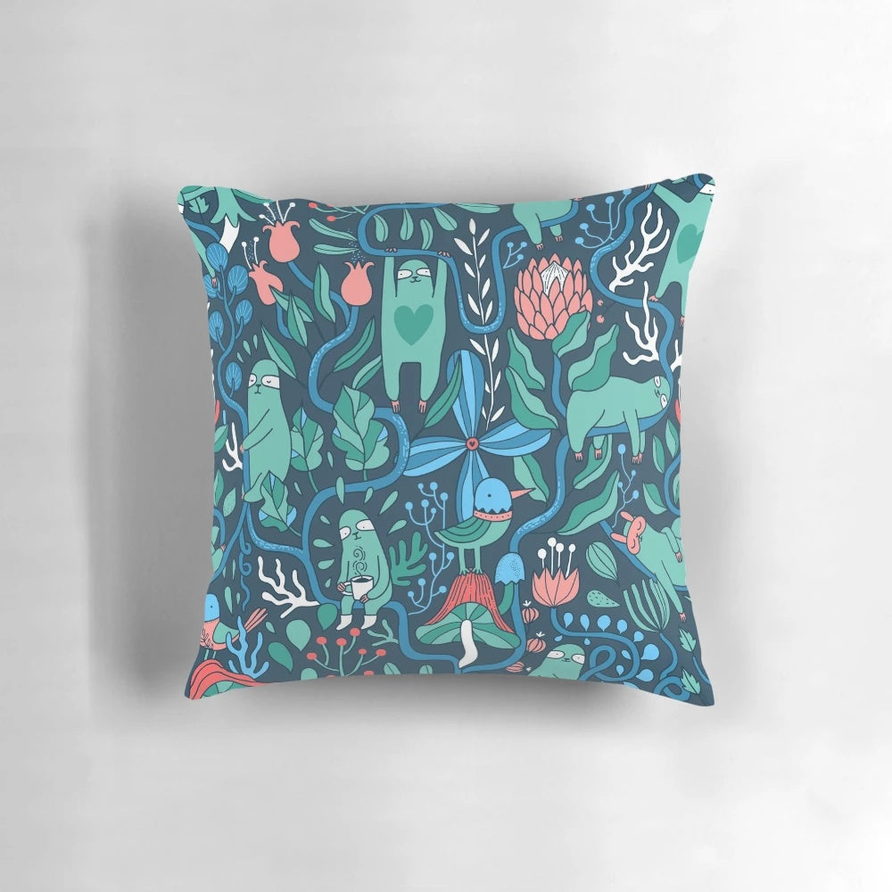 Colorful sloth-themed pillow with a lush, nature-inspired floral pattern