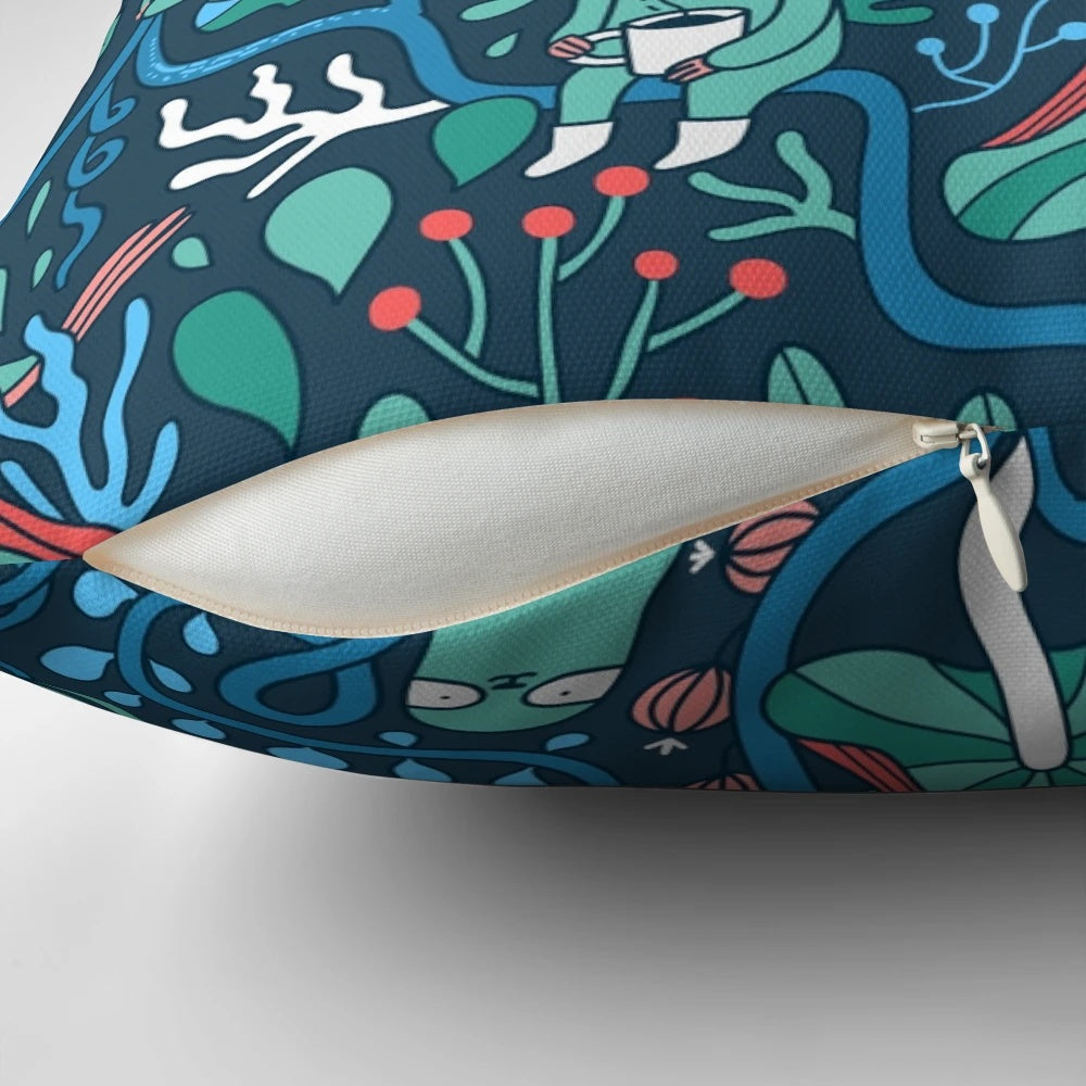 Colorful sloth-themed pillow with a lush, nature-inspired floral pattern