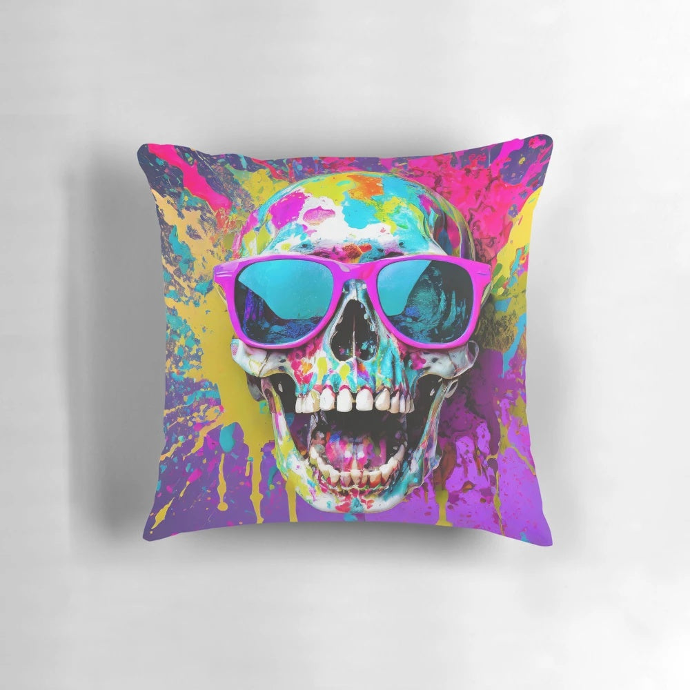 A vibrant pillow featuring a smiling skull wearing sunglasses with a colorful splatter effect, perfect for adding a touch of creativity to any space.
