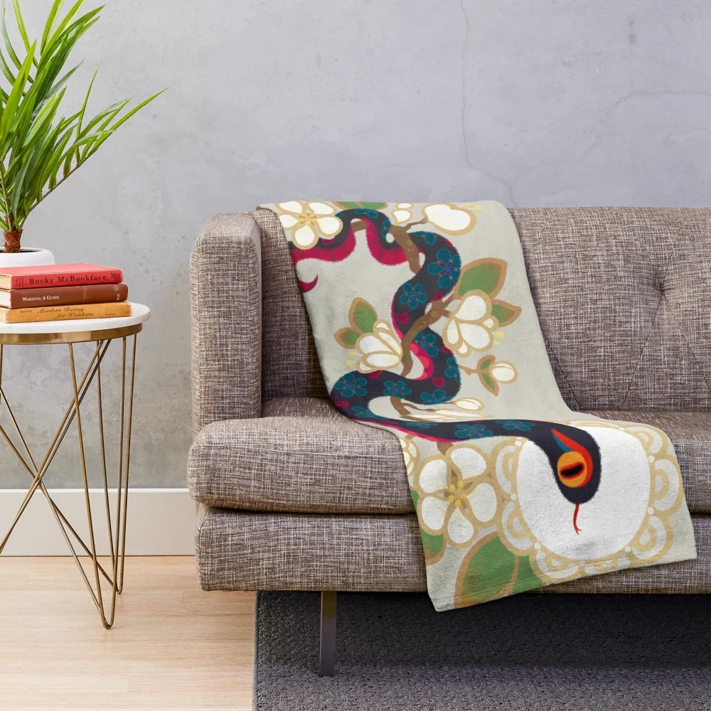 Snake and floral print plush blanket
