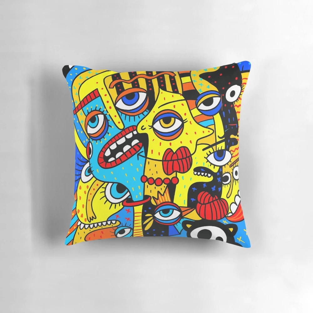 Colorful social distancing pillow featuring pop art, urban art, and graffiti-inspired designs