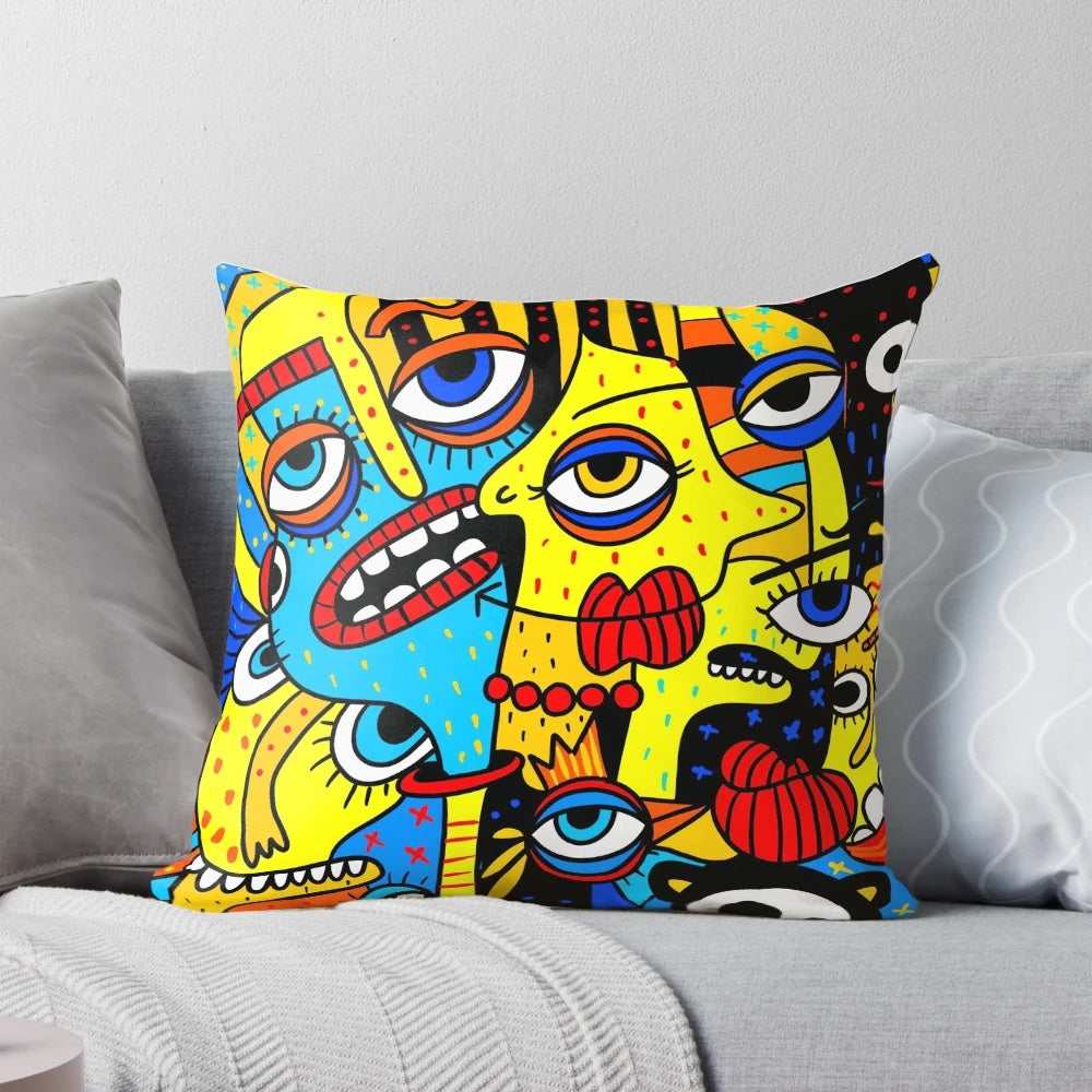 Colorful social distancing pillow featuring pop art, urban art, and graffiti-inspired designs