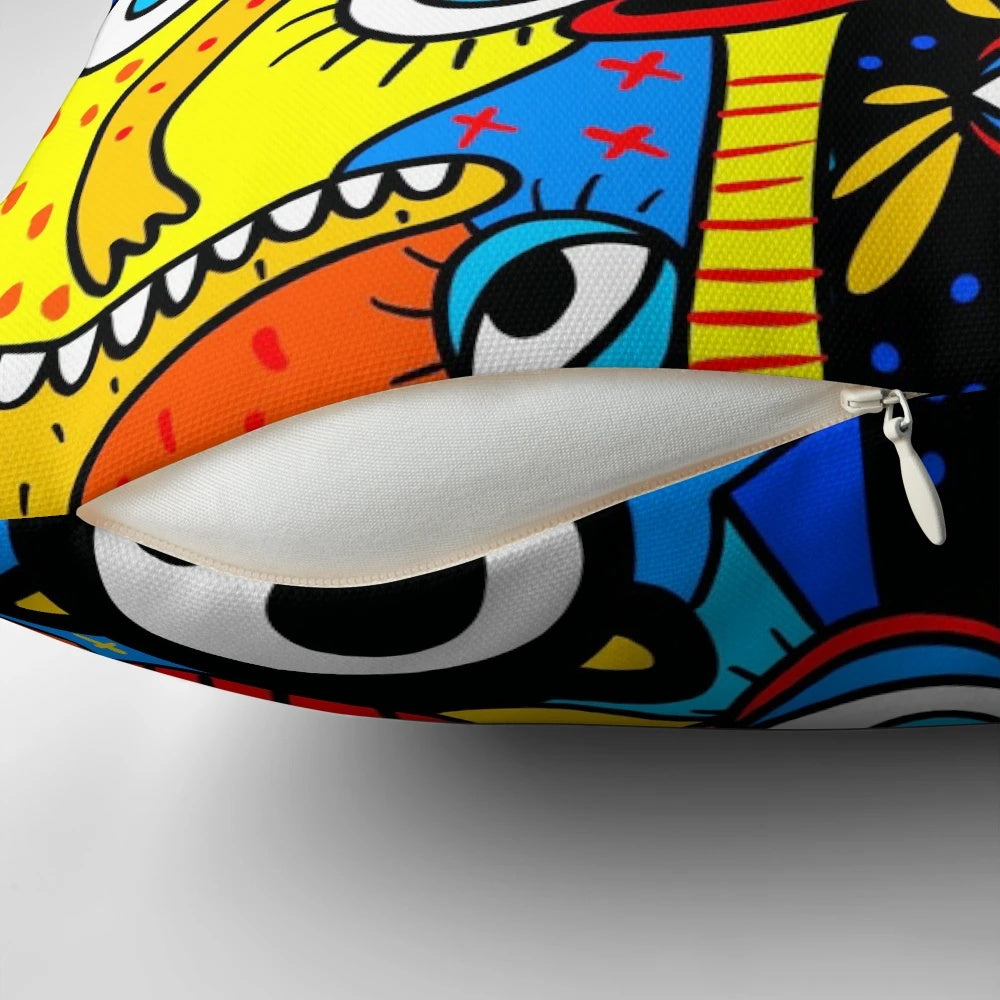 Colorful social distancing pillow featuring pop art, urban art, and graffiti-inspired designs