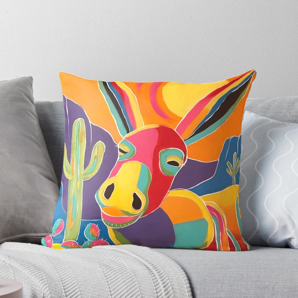 Colorful and whimsical southwest-inspired donkey throw pillow
