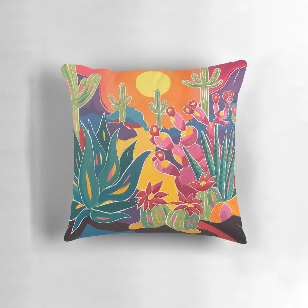 Colorful southwestern-style pillow with abstract desert motifs