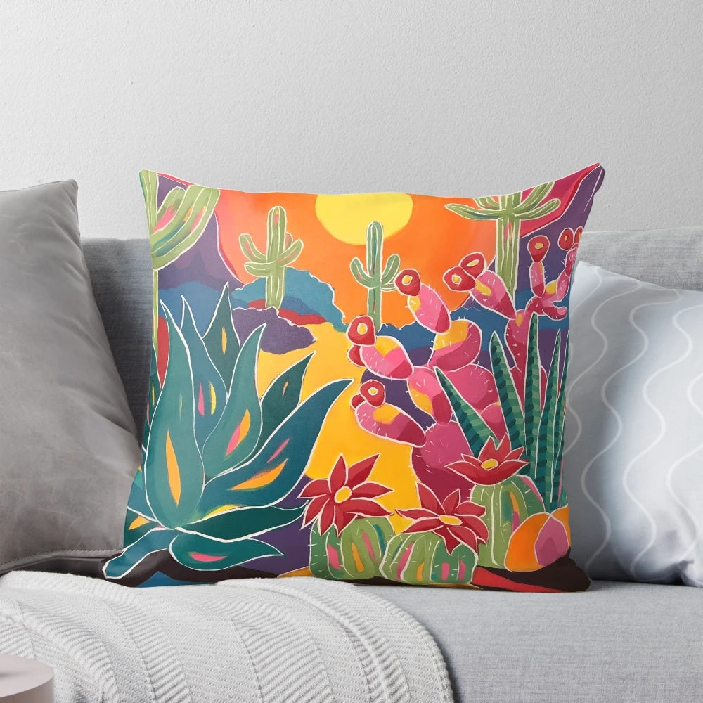 Colorful southwestern-style pillow with abstract desert motifs