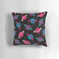 A colorful pillow featuring a neon space planets and constellation pattern, perfect for children's bedrooms and playrooms.