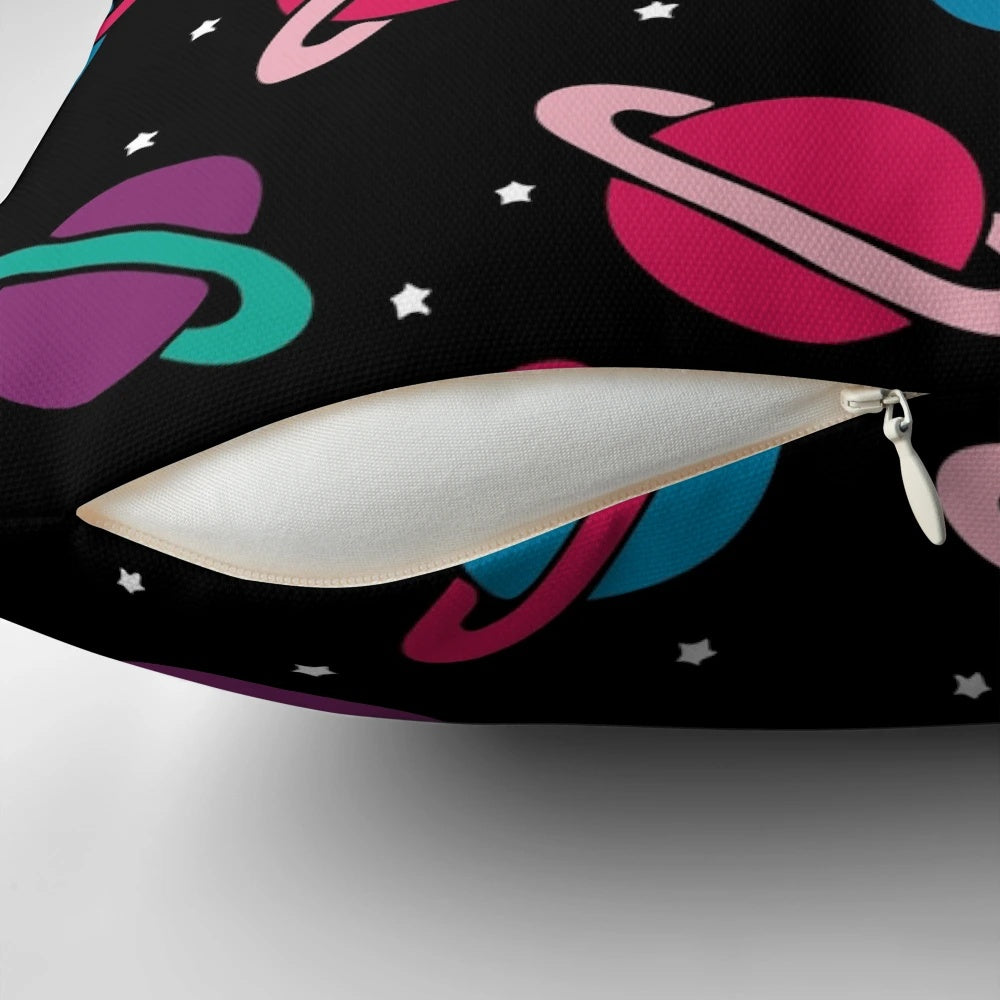 A colorful pillow featuring a neon space planets and constellation pattern, perfect for children's bedrooms and playrooms.