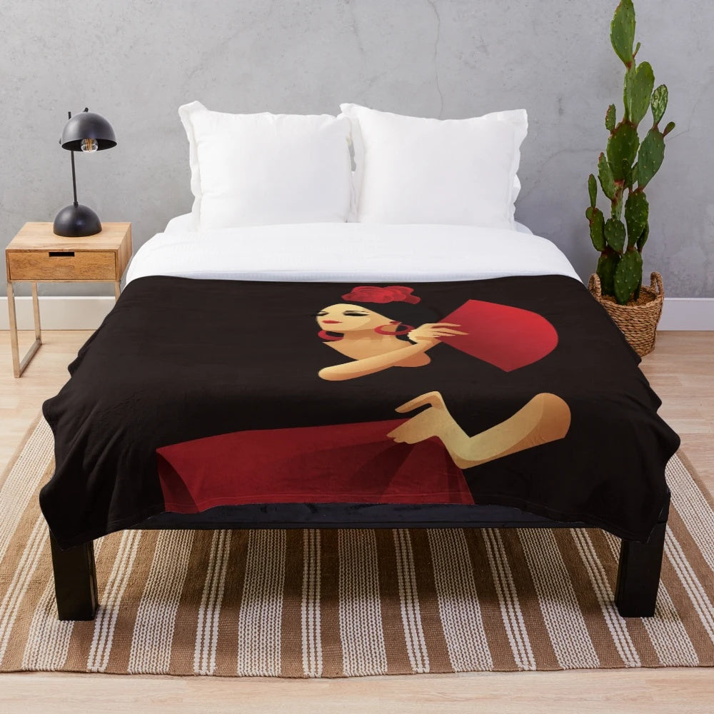 Spanish flamenco dancer with fan in abstract geometric red and black pattern plush blanket