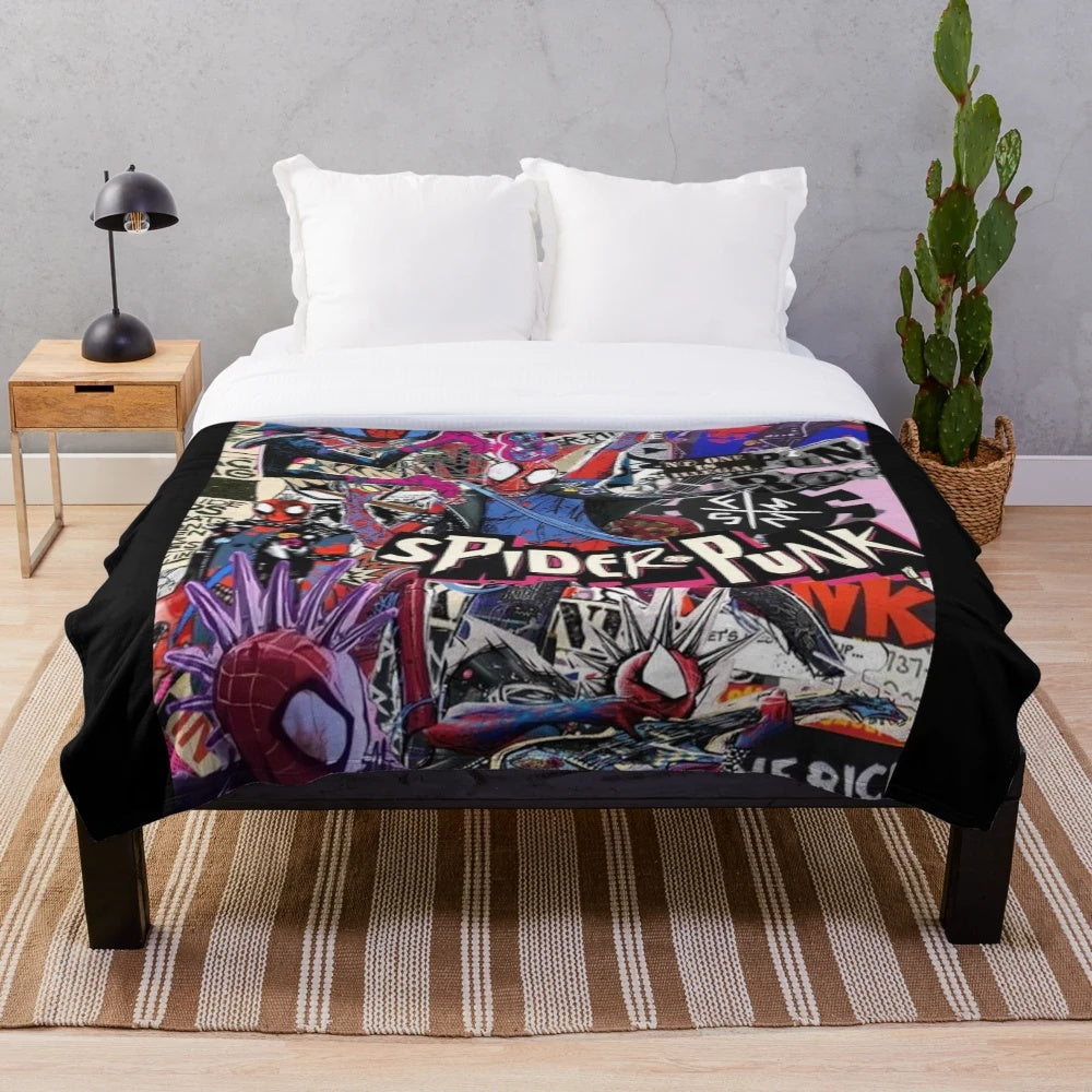 Colorful spider-punk plush blanket featuring a collage of spider-punk themed art