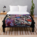 Colorful spider-punk plush blanket featuring a collage of spider-punk themed art