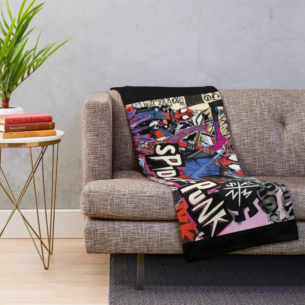 Colorful spider-punk plush blanket featuring a collage of spider-punk themed art