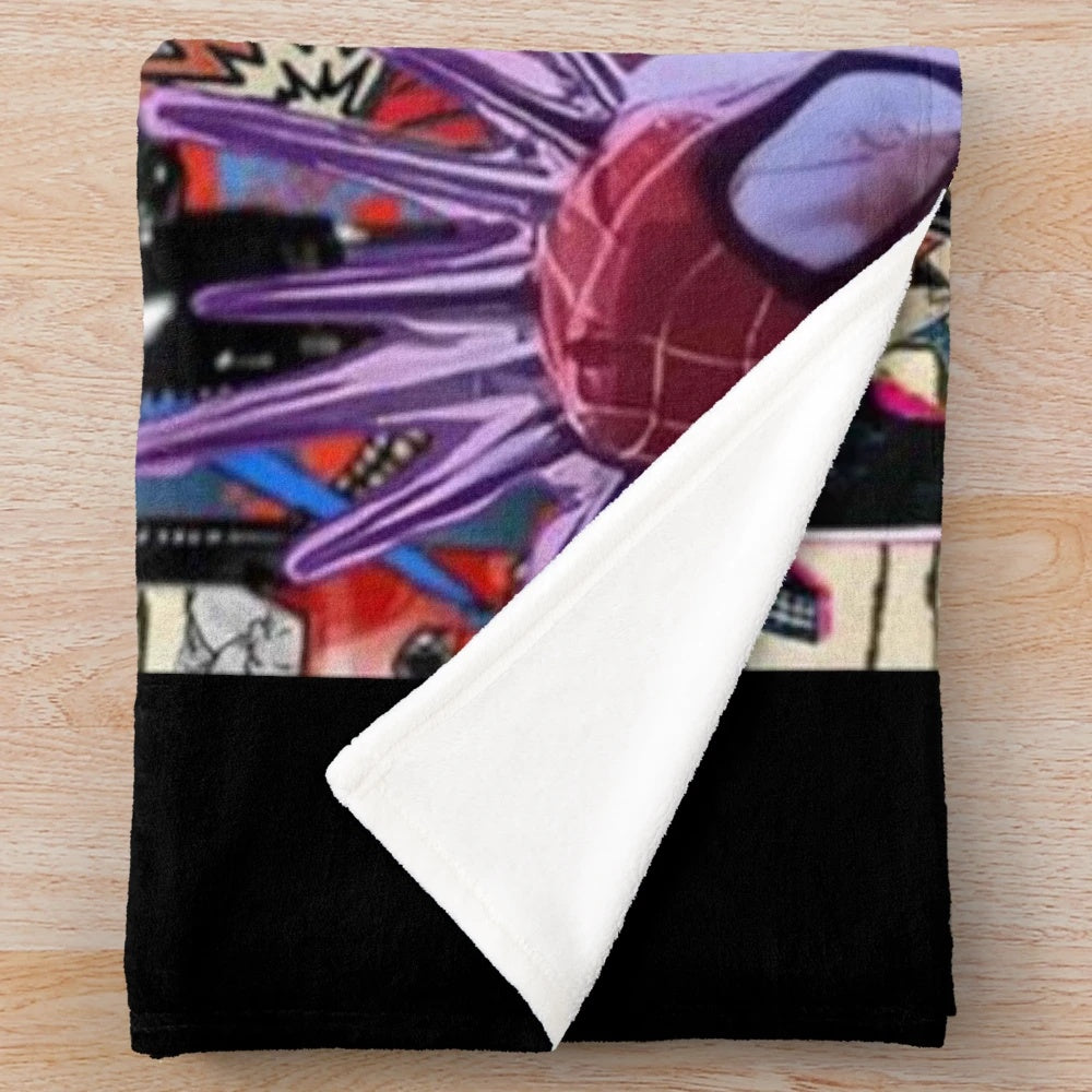 Colorful spider-punk plush blanket featuring a collage of spider-punk themed art