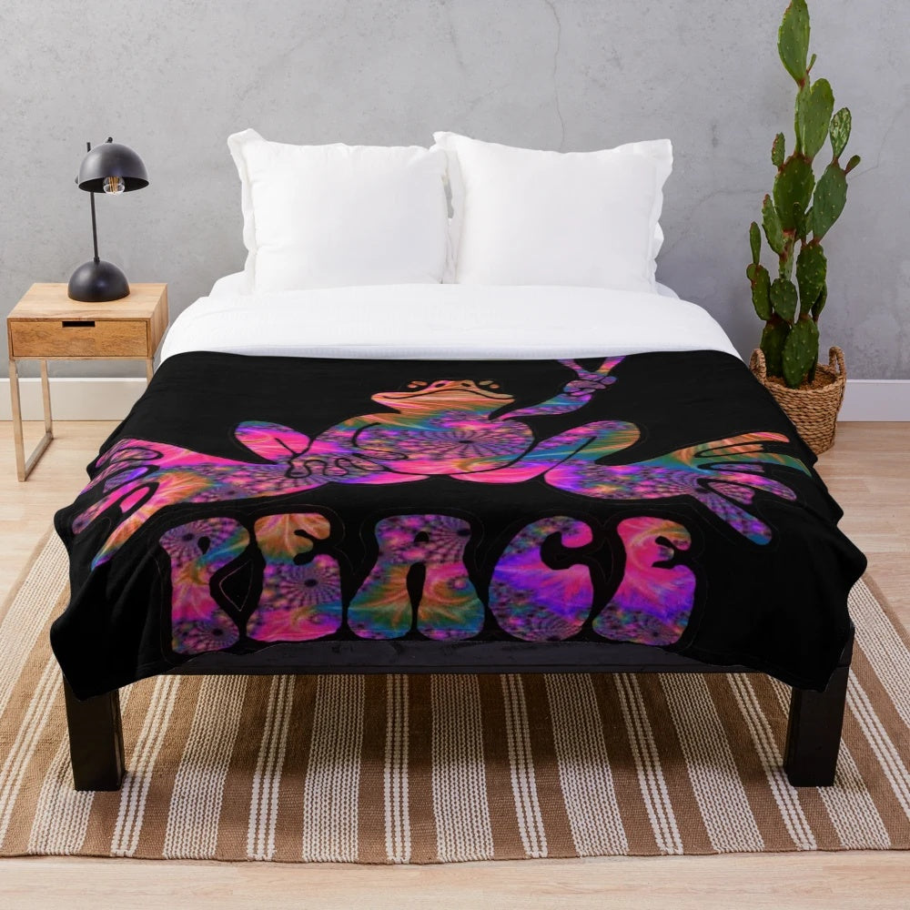 Colorful spiral frog design plush blanket with abstract geometric patterns
