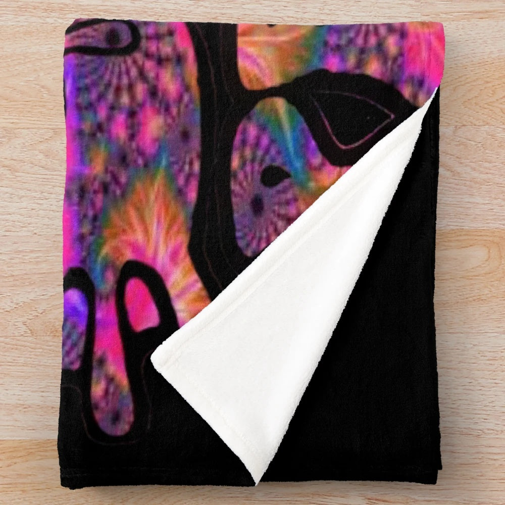 Colorful spiral frog design plush blanket with abstract geometric patterns