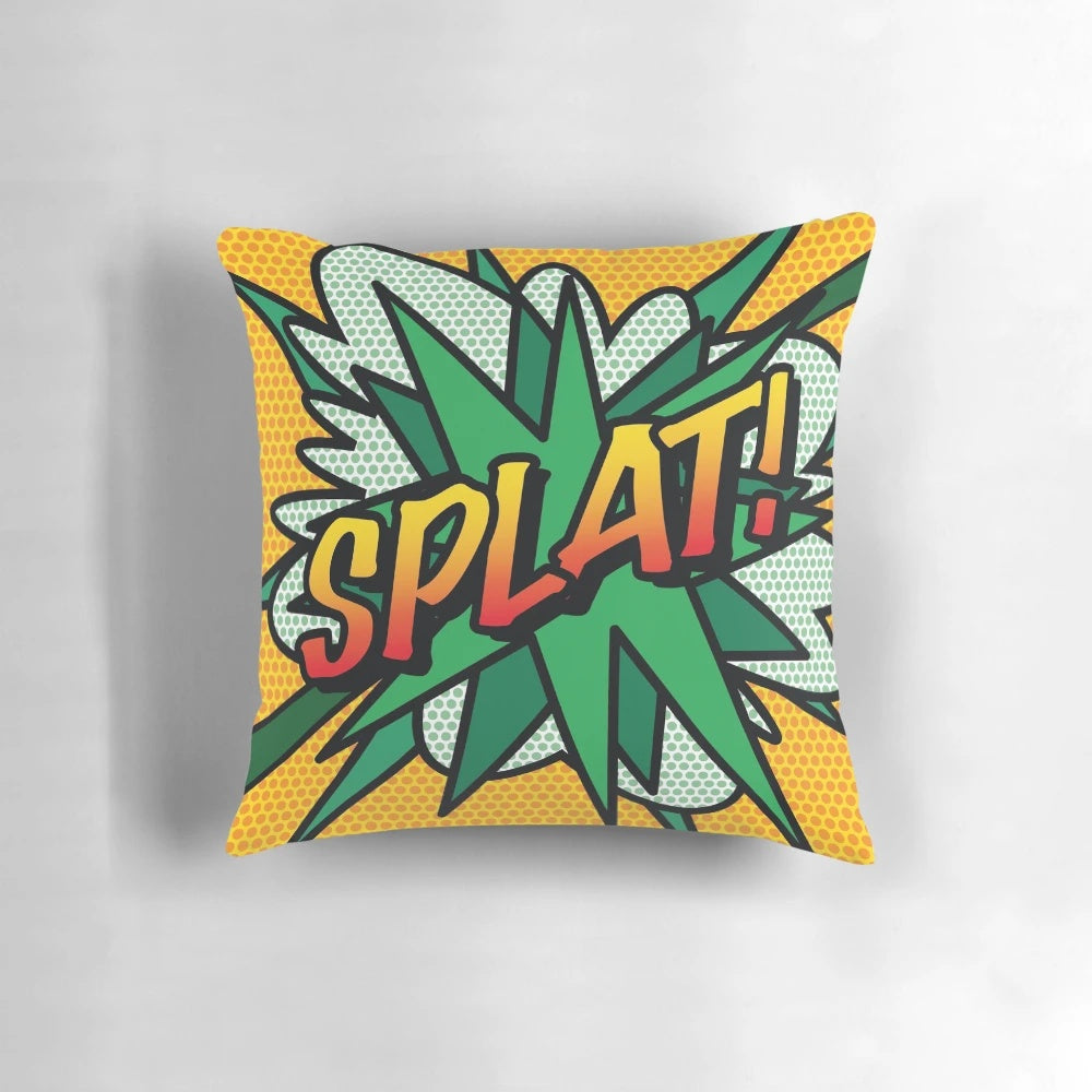Colorful splat pop art comic book inspired retro throw pillow