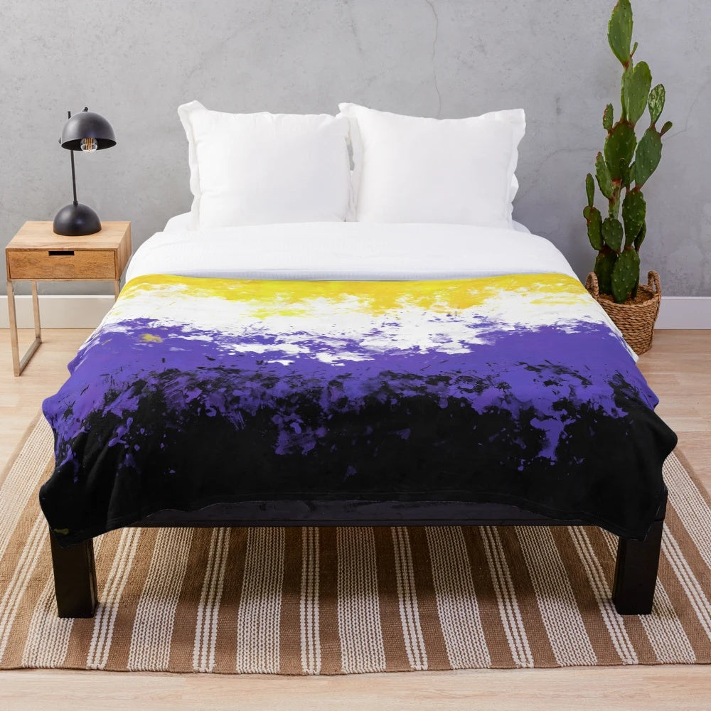 Colorful splatter pattern non-binary pride flag plush blanket