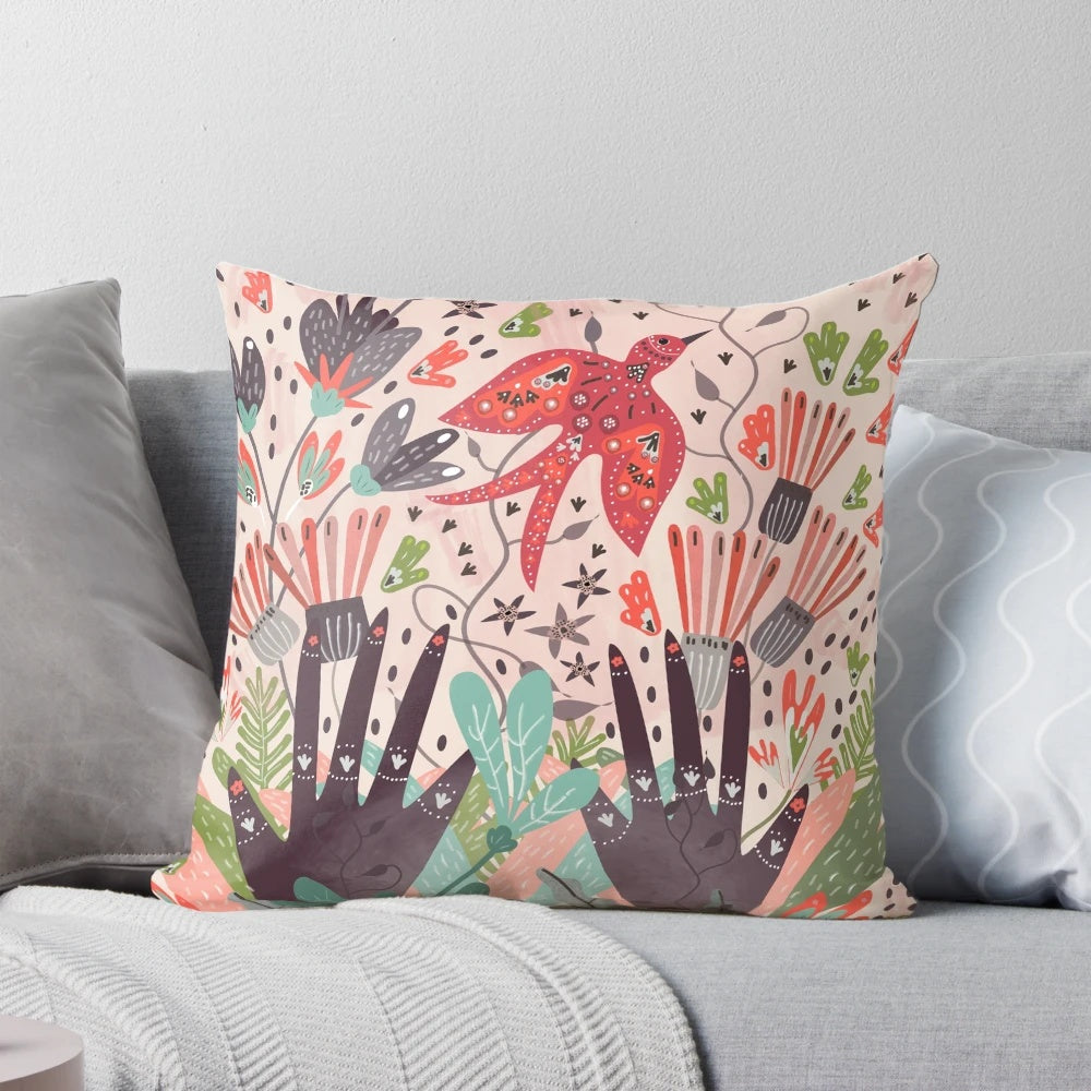 A beautiful decorative pillow featuring a charming bird design in a lush, nature-inspired color palette.