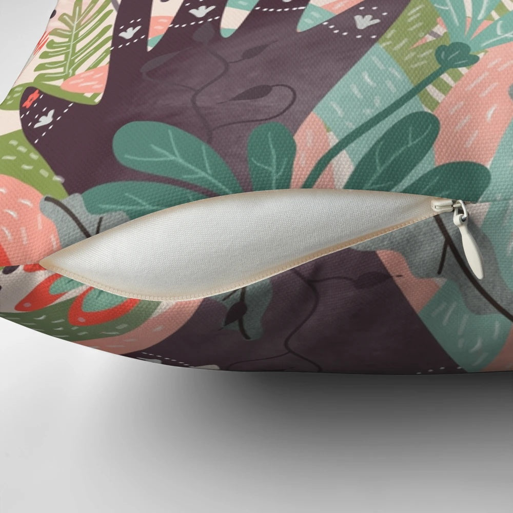 A beautiful decorative pillow featuring a charming bird design in a lush, nature-inspired color palette.