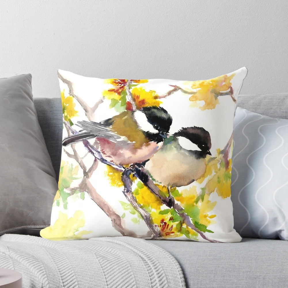Beautiful pillow featuring a vibrant watercolor painting of spring birds, including a cute chickadee on a floral background.