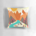 A colorful spring-themed pillow featuring a pastoral landscape with a rabbit, flowers, and a mountain in the background.