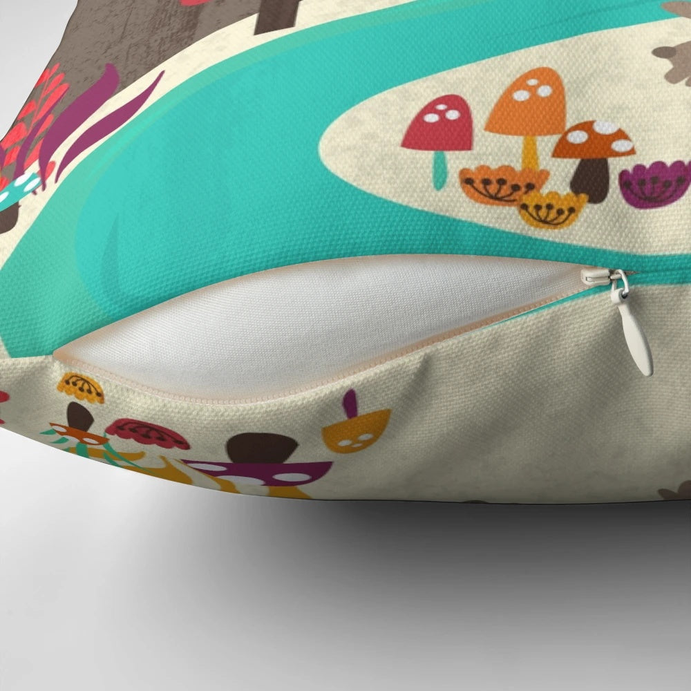 A colorful spring-themed pillow featuring a pastoral landscape with a rabbit, flowers, and a mountain in the background.