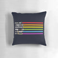 A colorful pillow featuring a design inspired by lightsabers and the Star Wars galaxy.