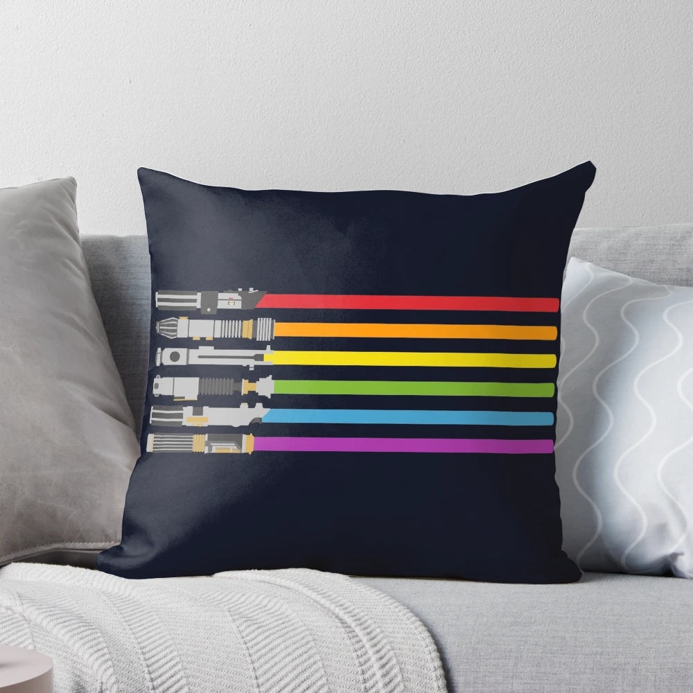 A colorful pillow featuring a design inspired by lightsabers and the Star Wars galaxy.
