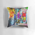 Colorful abstract graffiti-style street art design printed on a decorative throw pillow.