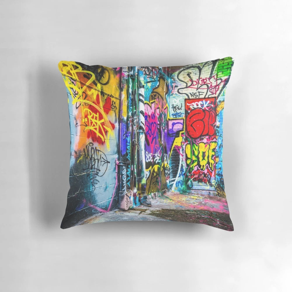 Colorful abstract graffiti-style street art design printed on a decorative throw pillow.
