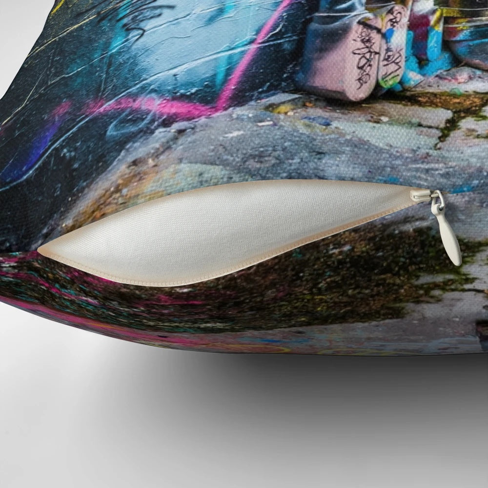 Colorful abstract graffiti-style street art design printed on a decorative throw pillow.