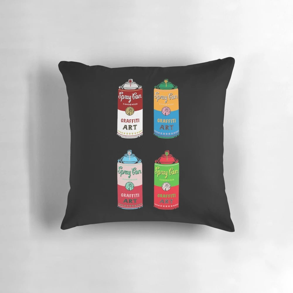 Colorful pillow with a graffiti-style spray can design, perfect for modern and urban-inspired home decor.