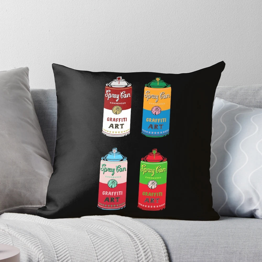 Colorful pillow with a graffiti-style spray can design, perfect for modern and urban-inspired home decor.