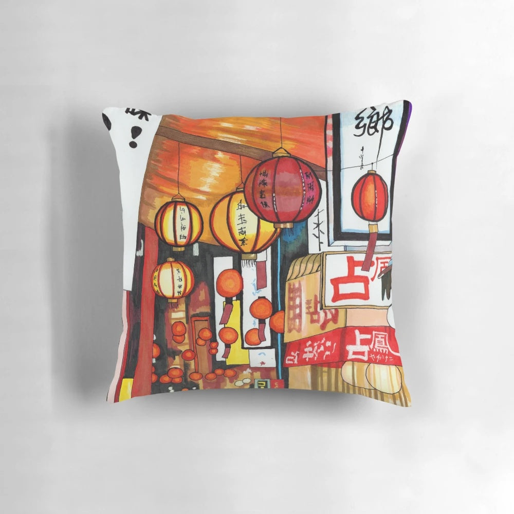 Decorative throw pillow featuring vibrant street lanterns in a modern industrial style.