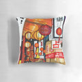 Decorative throw pillow featuring vibrant street lanterns in a modern industrial style.