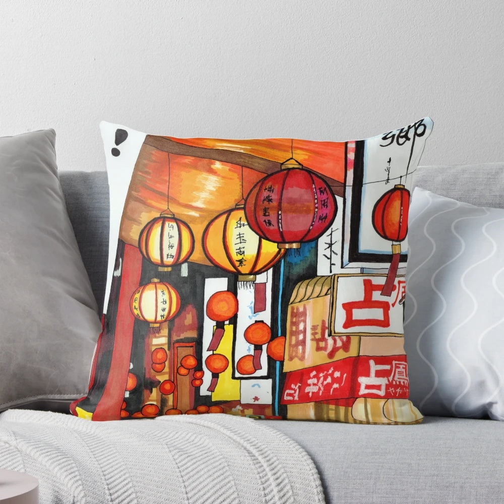 Decorative throw pillow featuring vibrant street lanterns in a modern industrial style.